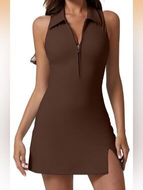 QINSEN Tennis Dress Women’s MEDIUM Built In Shorts Collar Zipper Side Slit Brown